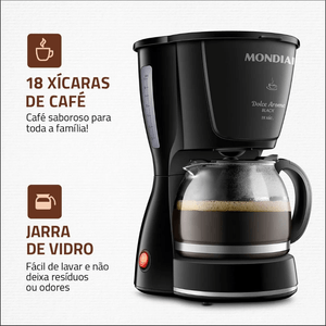Cafeteira Elétrica Mondial 18 Xícaras Filtro Permanente Jarra de Vidro Dolce Arome C-30-18X Preto Inox 127V